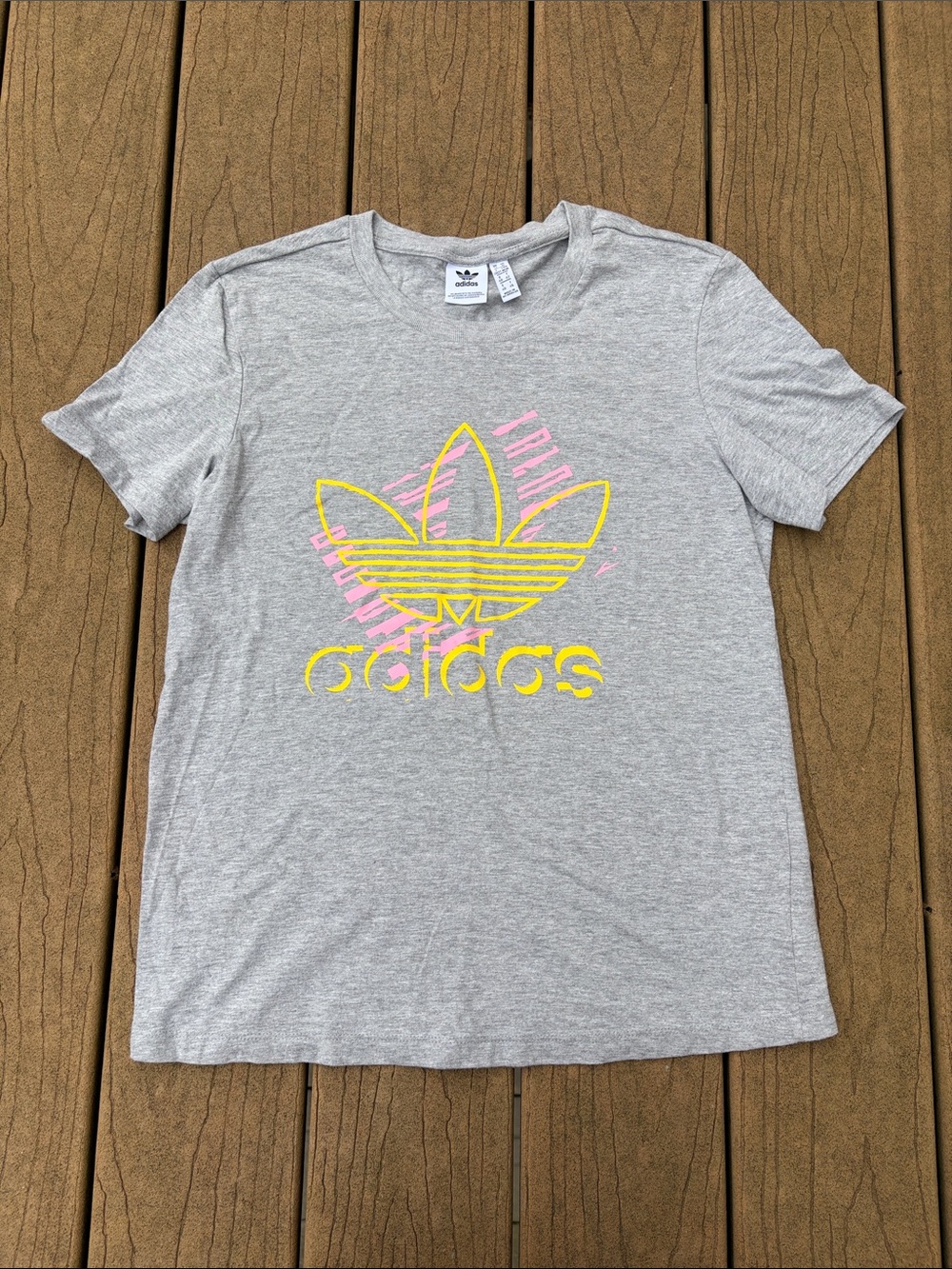 Adidas Light Gray Tee with Yellow & Pink Logo Women’s Size Medium